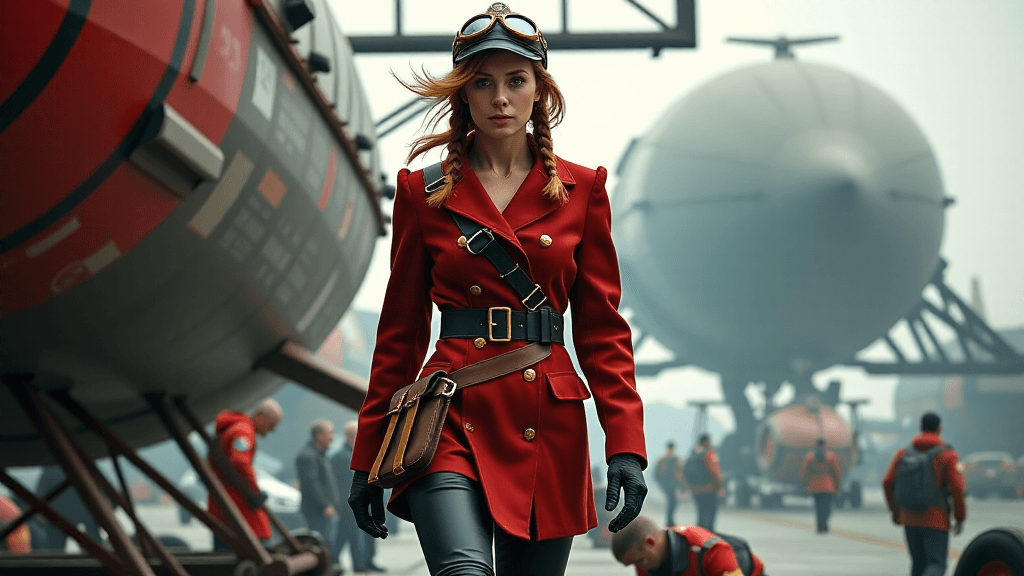 AI generated: cinematic film still on the steam-filled hangar deck of a Zeppelin. [A young Caucasian woman with a ...