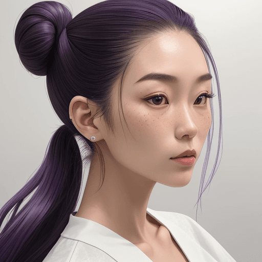 AI generated: "A woman with a unique appearance, showcasing her natural East Asian features. Her deep purple hair ...