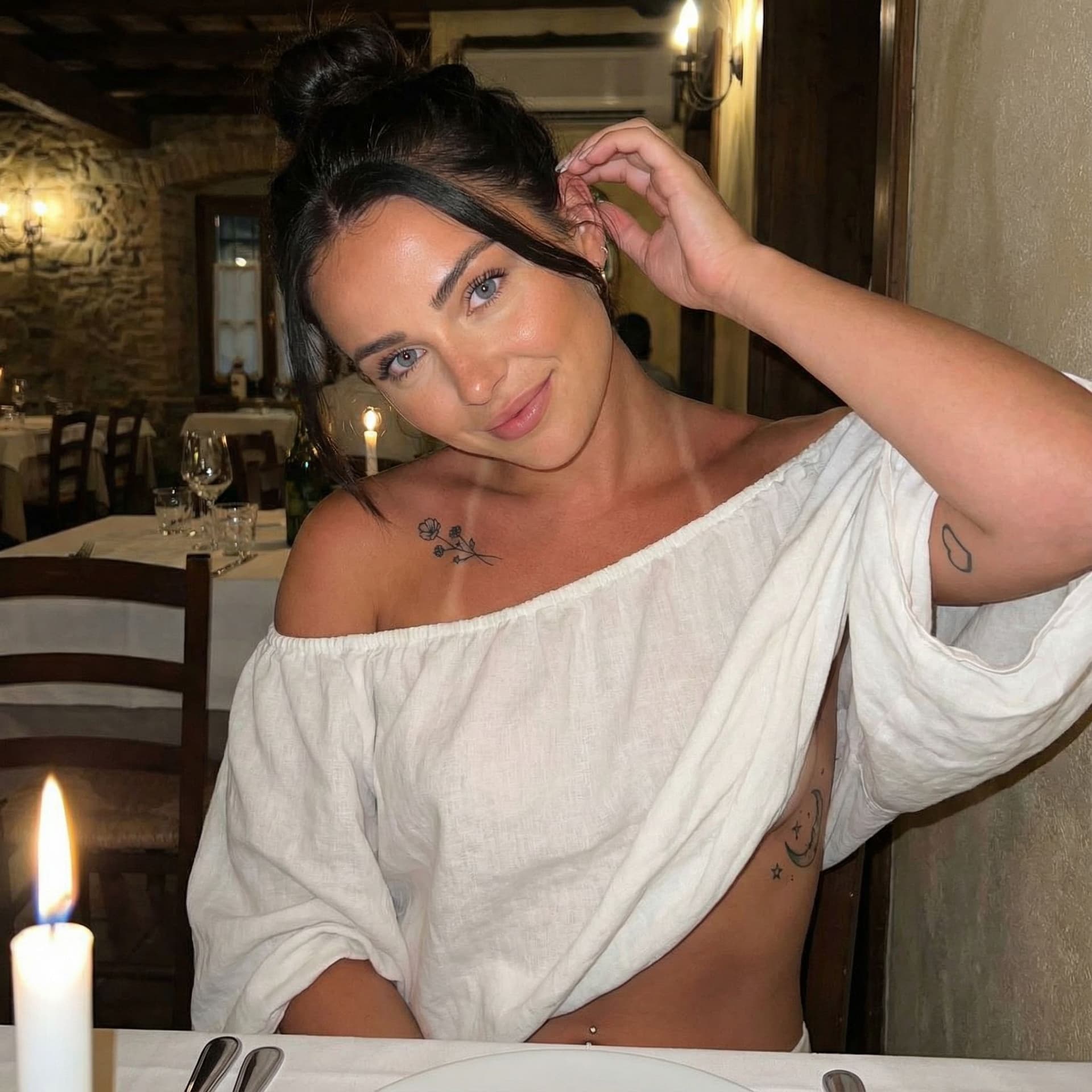 AI generated: Date night with a beautiful instagram influencer. She has electric blue eyes, dark hair, very natura...