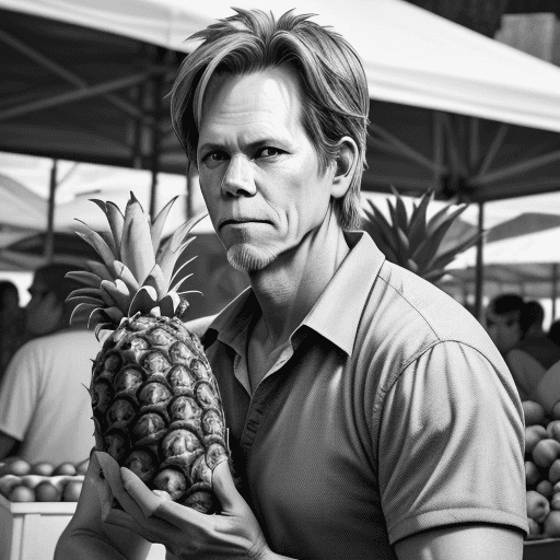 AI generated: Kevin Bacon, black and white drawing, coloring image, at the farmer's market, holding a pineapple, r...