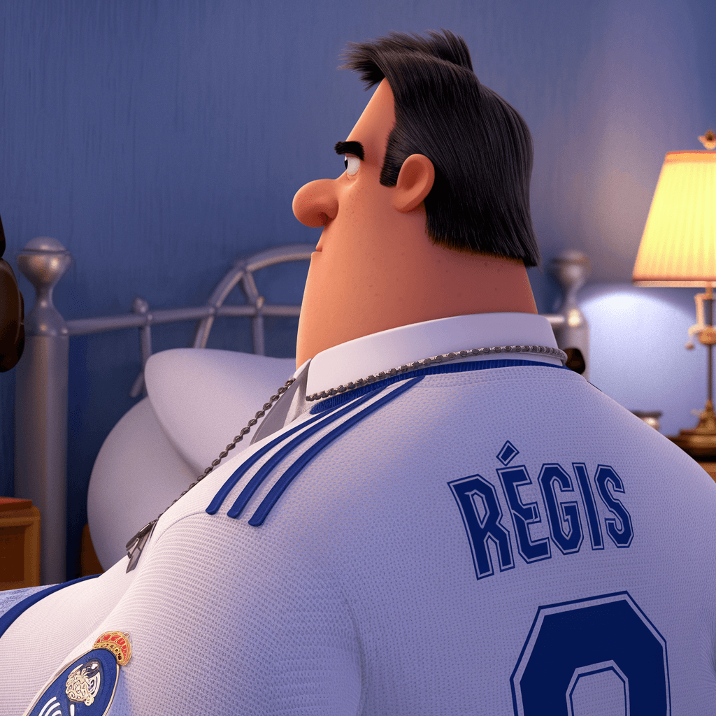 AI generated: Un homme en dessin animé Disney Pixar avec le maillot du Real Madrid et le nom Régis derrière le mai...
