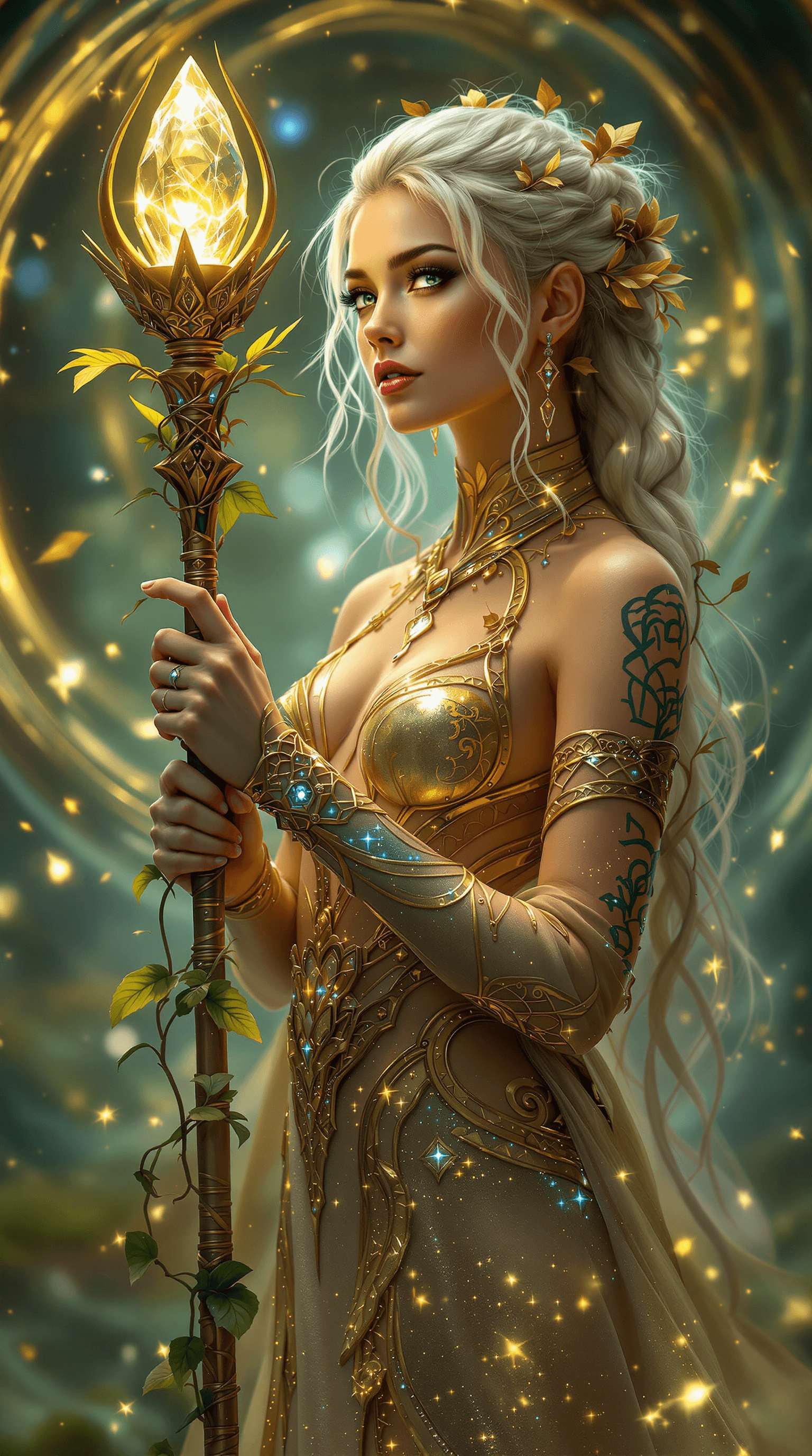 AI generated: an ultra-realistic, full-body portrait of a captivating celestial geomancer woman, radiating divine ...