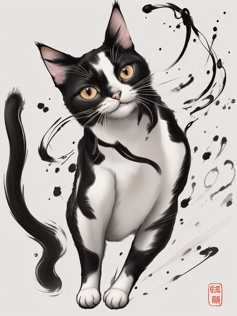 AI generated: Picture a single closeup portrait of a cat portrayed with the artistic essence of Qi Baishi's renown...