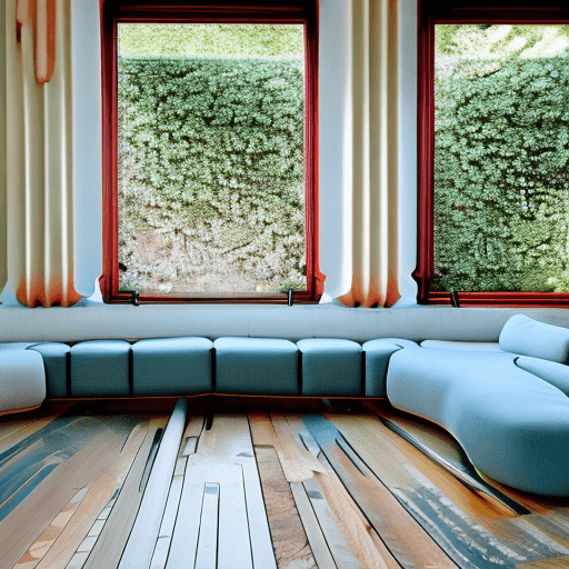 AI generated: High resolution photography interior design, dreamy sunken living room conversation pit, wooden floo...