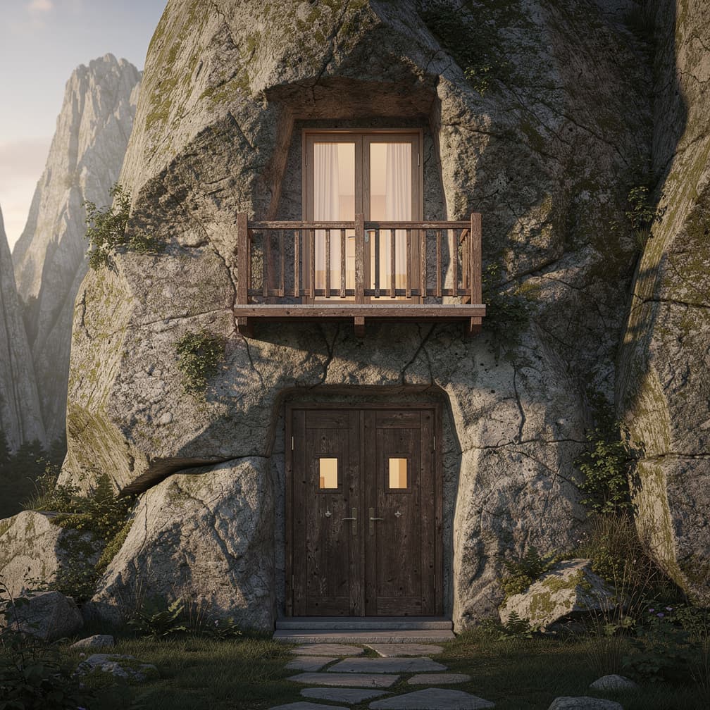 AI generated: A house carved into a mountain.  It has a double wooden door with windows and a balcony at the top.