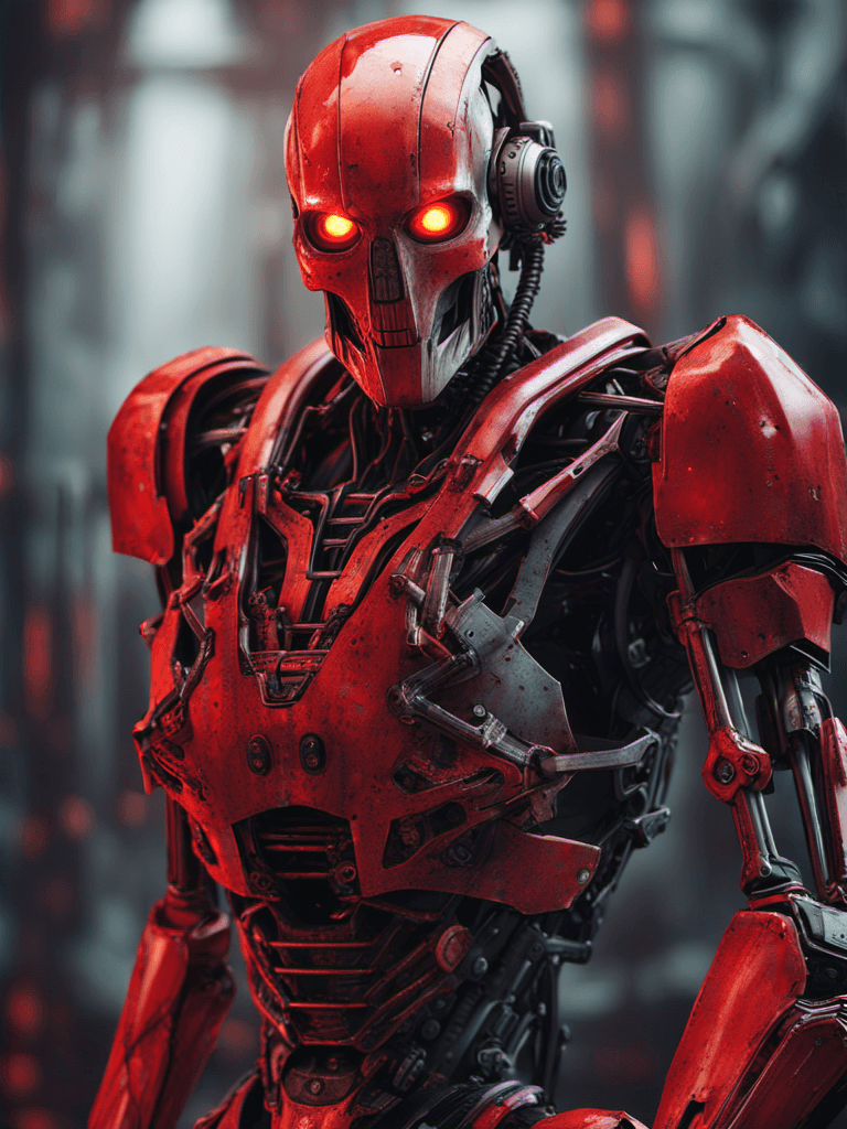 AI generated: upper body cinematic image, cybernetic robot with human bone exoskeleton. hybrid. war painted red