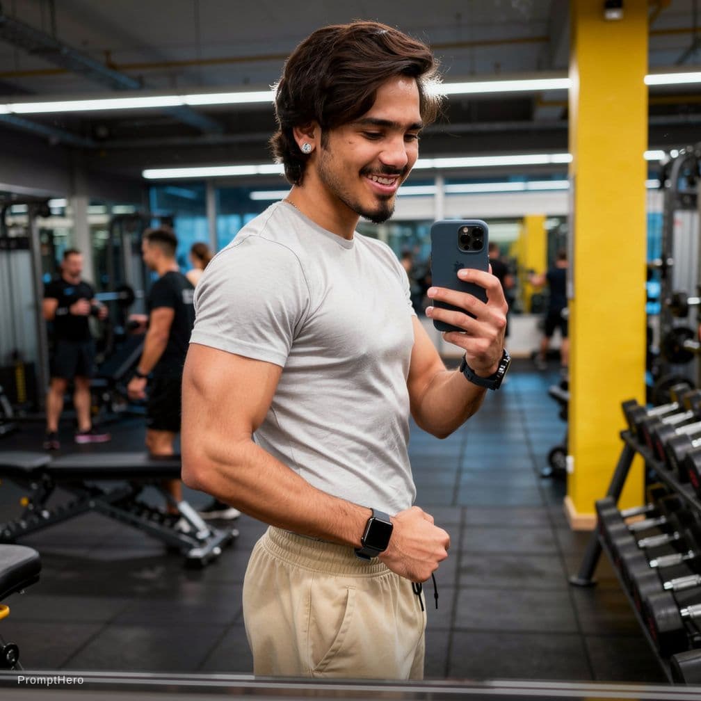 AI generated: Realistic gym mirror‑selfie of ME in a modern fitness center. Three‑quarter body shot from the side‑...