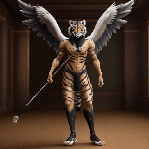 AI generated: TIGER AND AGLE 4:3 aspect ratio with an interior Nazarick room background. full view of staff at 5 f...