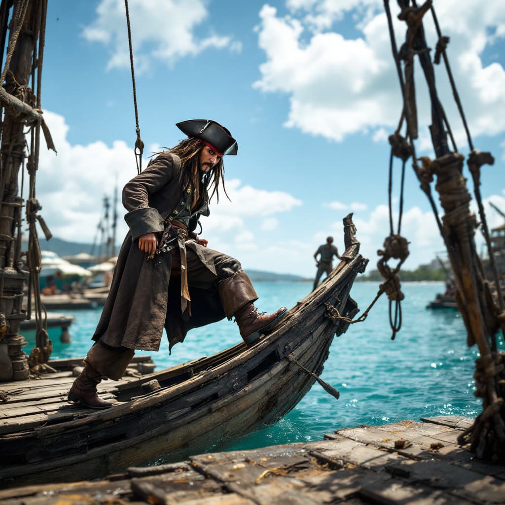 AI generated: "Capture the precise moment Jack Sparrow steps onto the dock from the mast of his sinking ship in Pi...