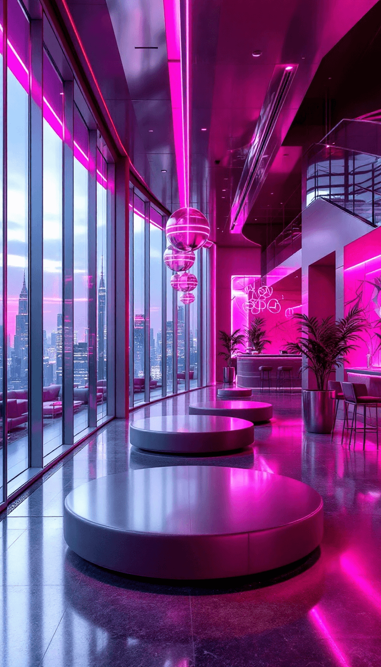 AI generated: Vibrant fuchsia accents, sleek modern architecture, metallic silver tones, polished concrete floors,...