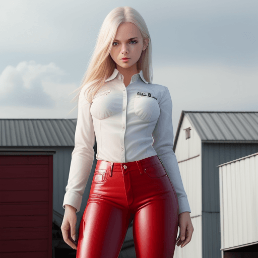 AI generated: a real photo of a girl in white shirt, red latex jeans, country girl, standing on roof (detailed ski...