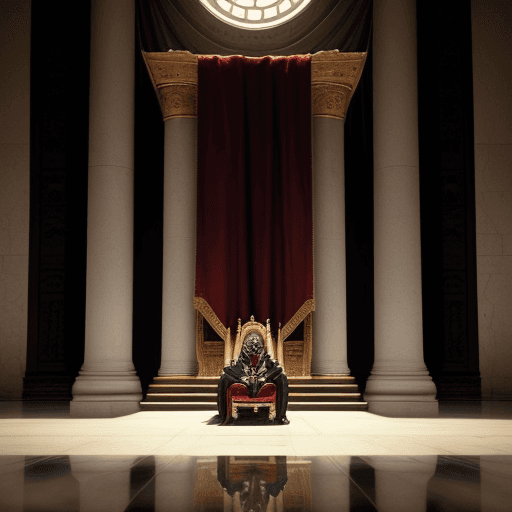 AI generated: A servant sits in front of one king in an empty throne room