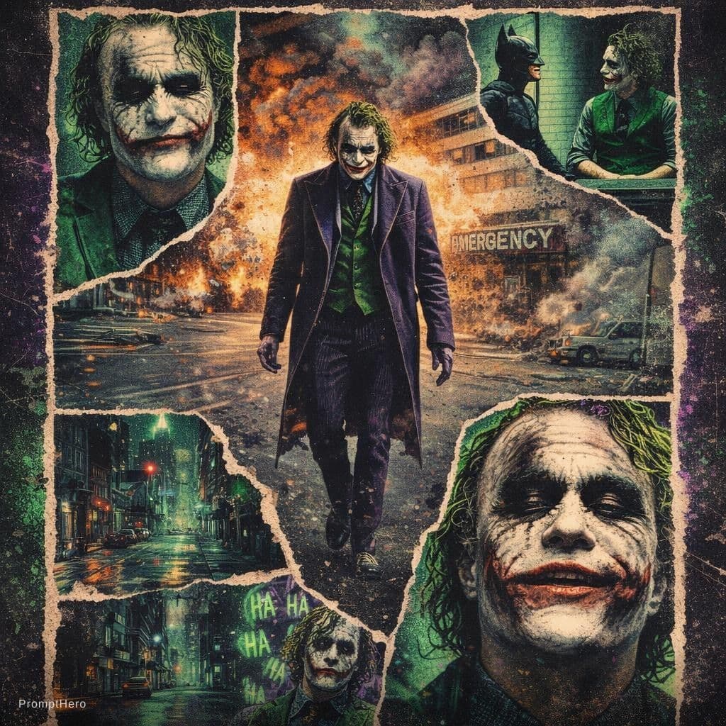 AI generated: A retro vintage collage design of Heath Ledger as the Joker. The central image shows him walking in ...
