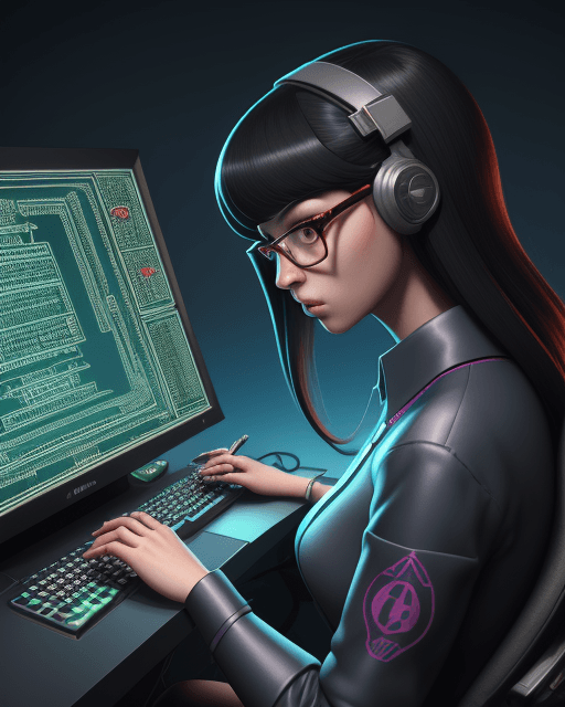 AI generated: richly detailed color illustration of a nerd-using-a-computer-to-crack-the-code surrounded by techno...