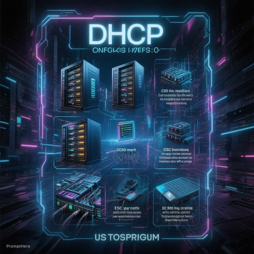 AI generated: Create a premium Instagram infographic about DHCP, futuristic cyber-tech style, dark background, neo...
