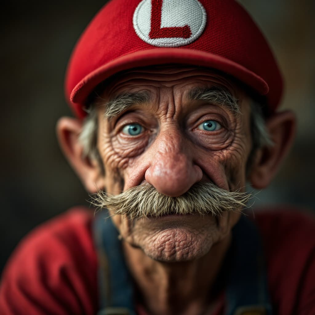 AI generated: RAW photo, portrait of an old Super Luigi, highly detailed textures, tired, run down, deep skin pore...
