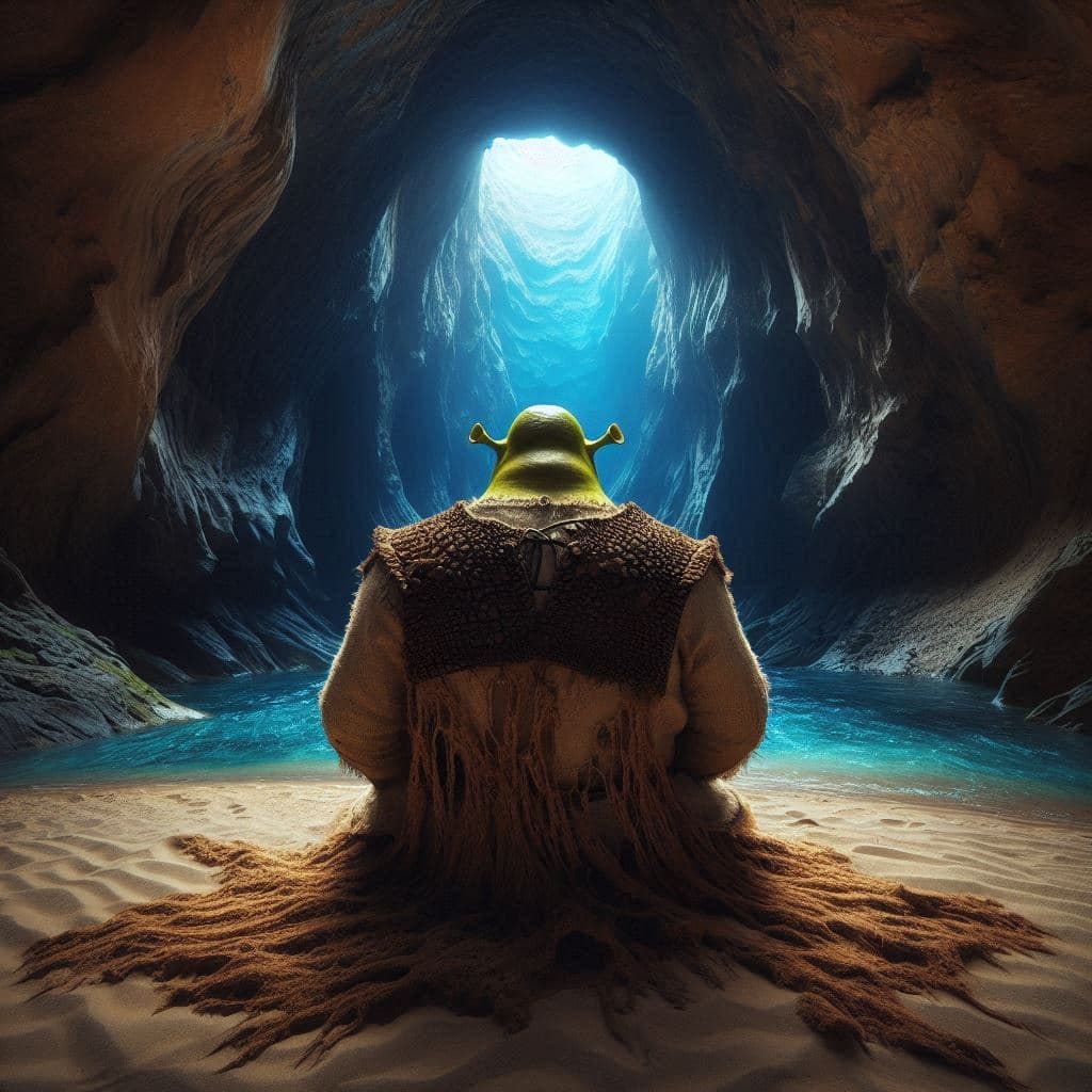 AI generated: vista completa y panorámica: vista despaldas de Shrek con un turbante viejo y roto de color marrón, ...