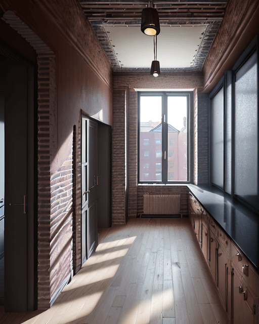 AI generated: High resolution photography of interior design, OF A CORRIDOR INSIDE A HOUSING BUILDING WITH TWO BRI...