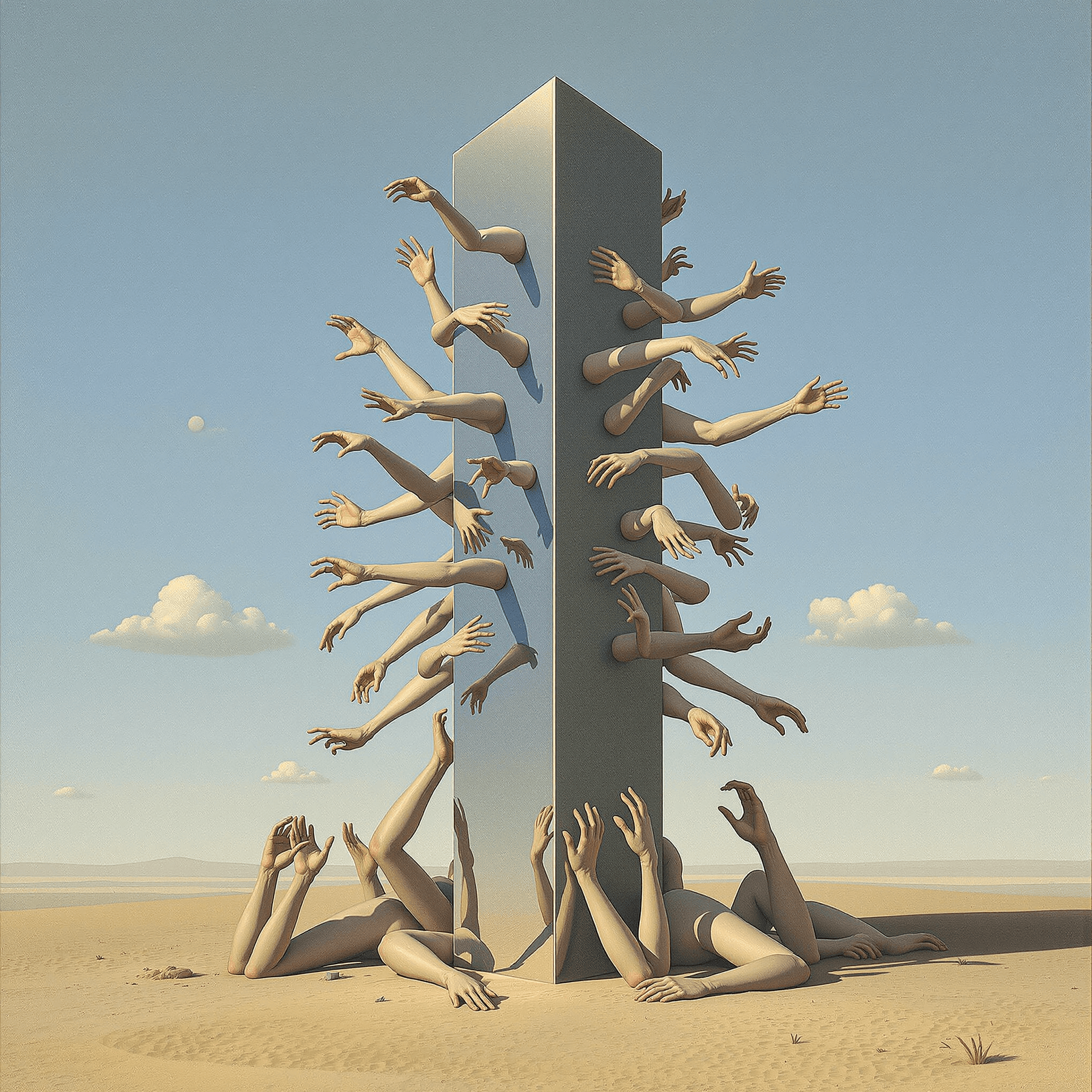 AI generated: A surrealist painting by Jan van Eyck and Max Ernst wherein a mirrored monolith sits on the floor of...