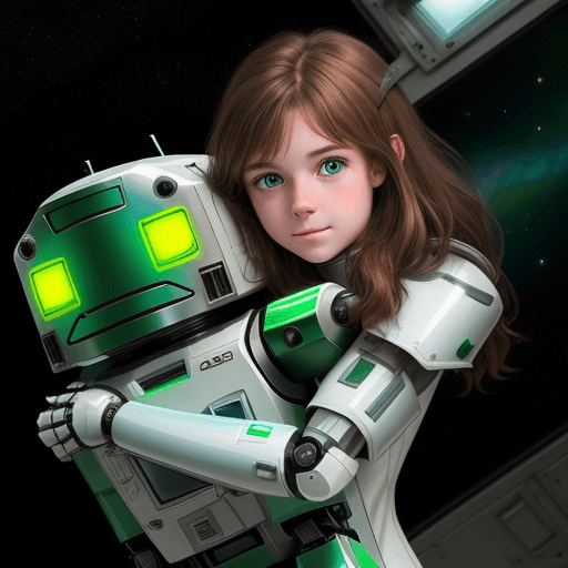 AI generated: 
a girl with brown hair, green eyes wearing white robotic armor hugging her robot friend inside a sp...