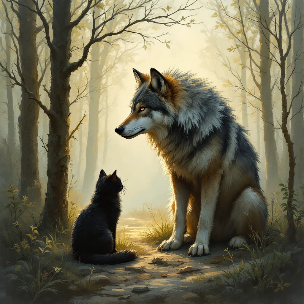 AI generated: A wolf in forest with cat