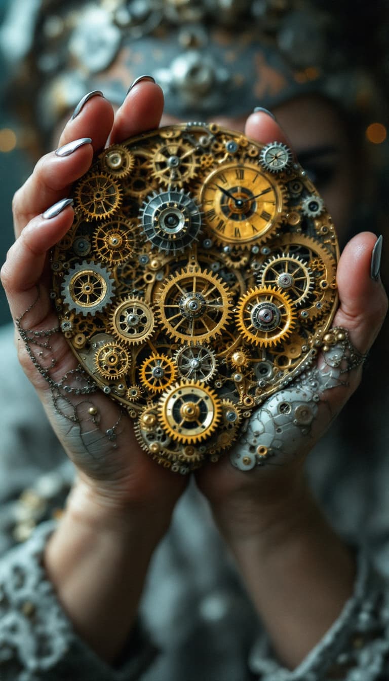 AI generated: 27. A powerful, close-up view of a woman's hands transforming into a pair of intricate clockwork mec...
