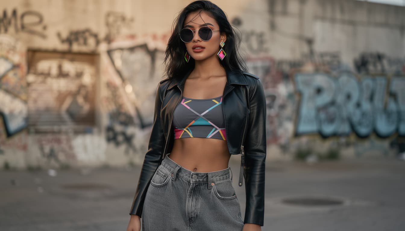 AI generated: The image presents a striking half-body shot standing confidently in an urban hip-hop setting. Her s...