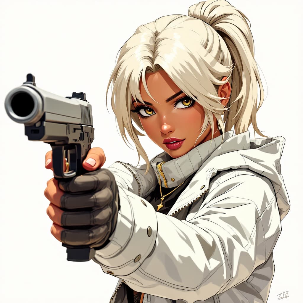 AI generated: an image of an animation character holding a gun, in the style of womancore, comic art, realistic oi...