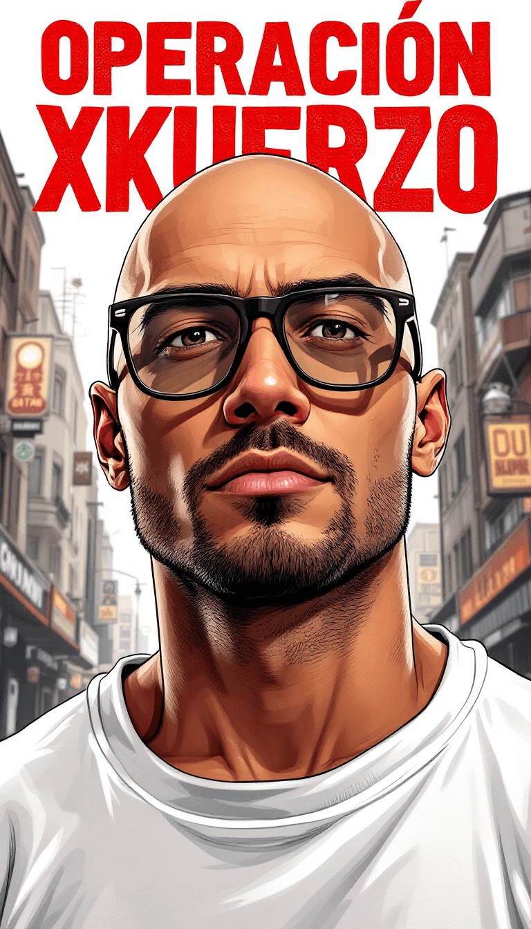 AI generated: Cartoon illustration, comic book cover featuring a handsome Caucasian bald man, clean face, clean sh...