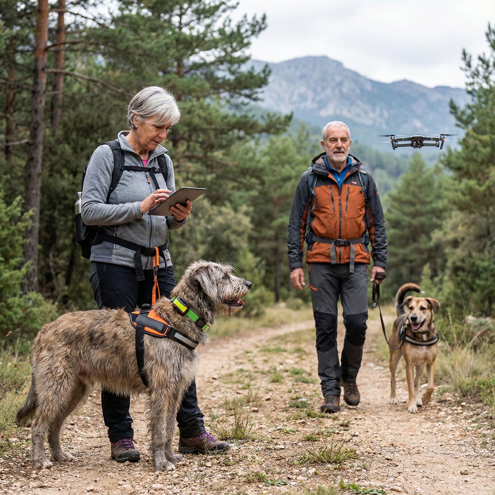 AI generated: haz foto donde aparexccan perros mestizos con gente mayor como entrenando en la naturaleza y que hay...