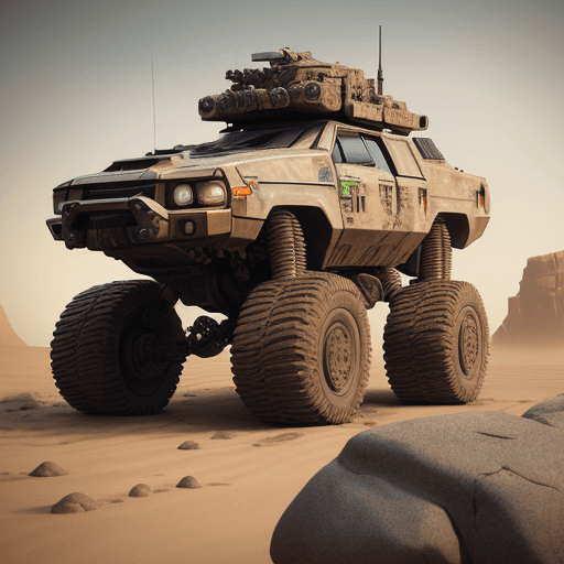 AI generated: mechwarrior with 
back knee and include driver ,same t-rex ,in desert with rocks and stones,camera w...