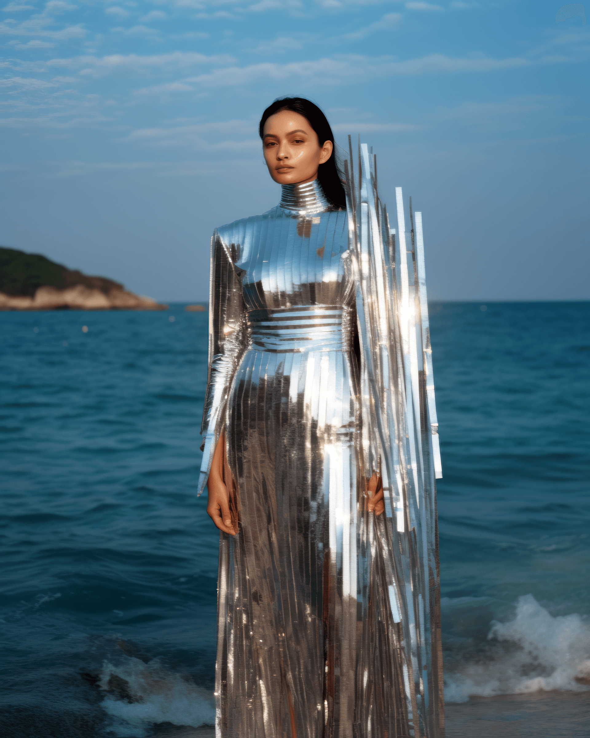 AI generated: Young model emerges from sea, wearing a unique, ripped sundress crafted from shimmering silver metal...
