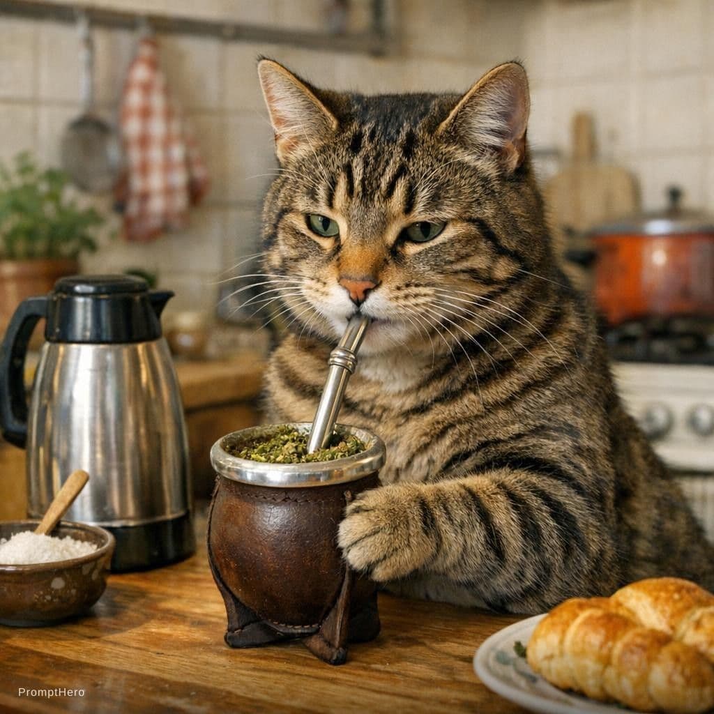 AI generated: un gato bebiendo mate en la cocina