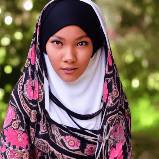 AI generated: Beautiful Indonesian girl with a black hijab on her head, eyes facing the camera, Asian brown skin, ...