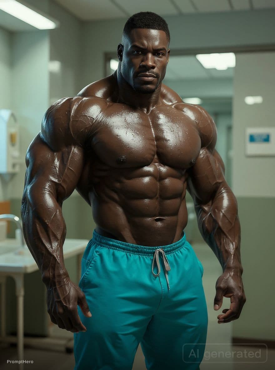 AI generated: This man is a full-length portrait in a prison infirmary. He is very tall and his body is enormously...
