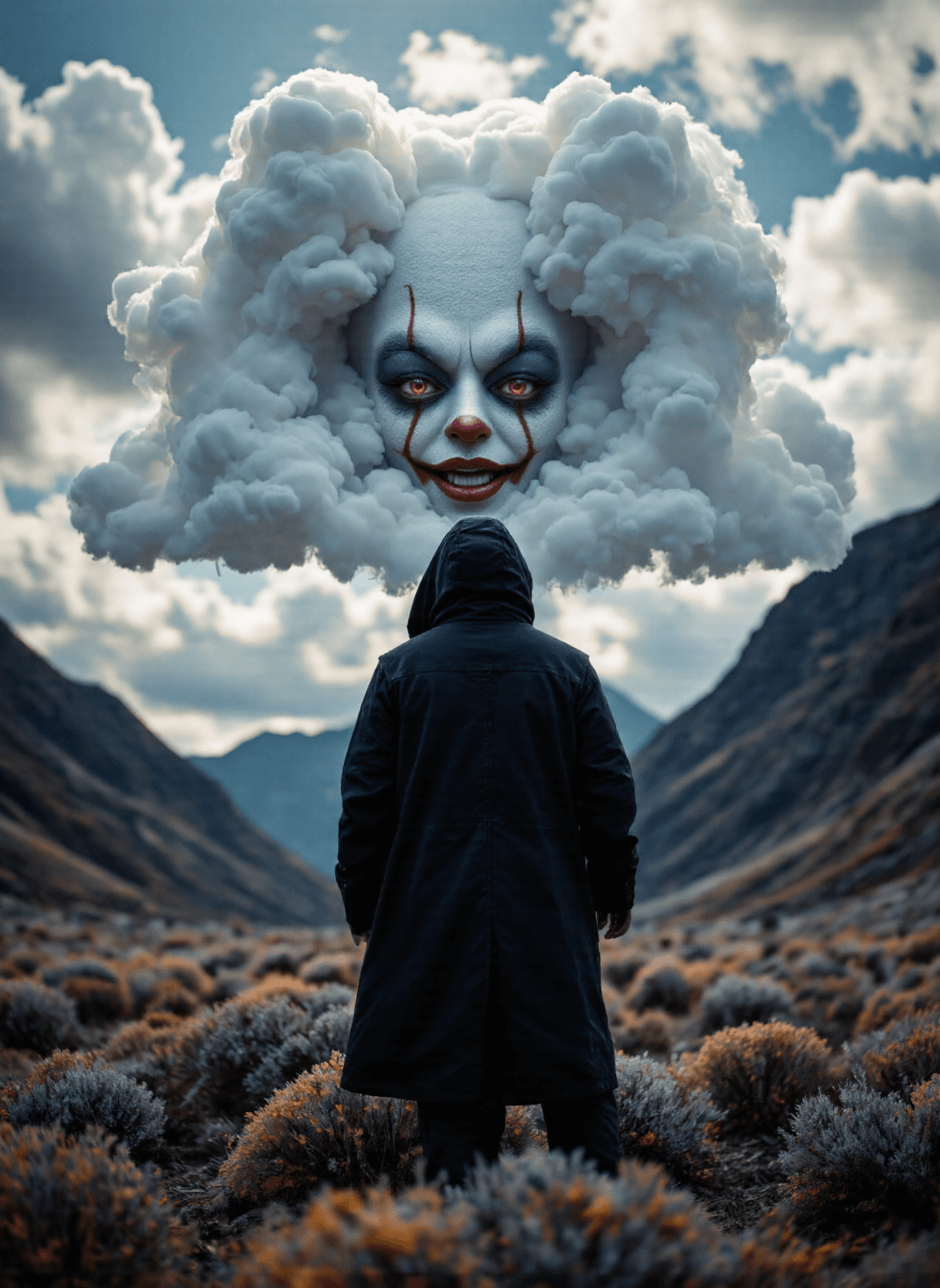 AI generated: 
The image depicts a surreal and dramatic scene set in an open field with mountains in the backgrou...