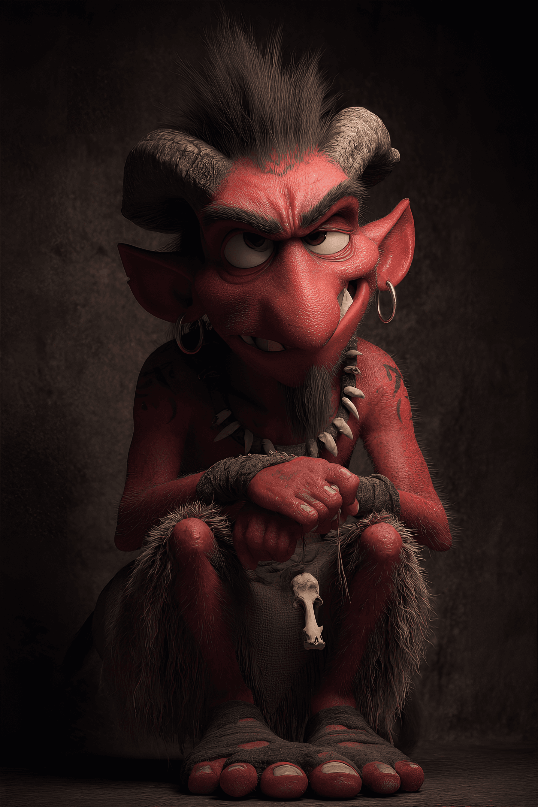 AI generated: funny caricature, tribal demon caricature, fictional red demon, ageless, red skin, horned, feral eye...
