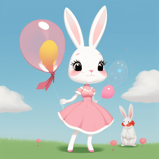 AI generated: Cartoon female rabbit, holding a balloon