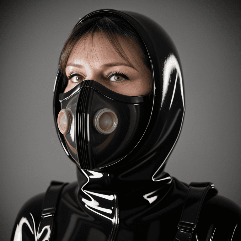 AI generated: hyper realistic headshot photo of a 40 year old woman, wearing a latex gas mask, a latex suit with l...