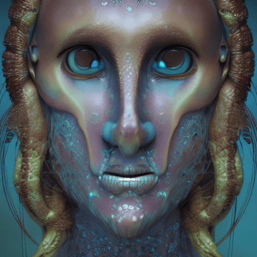 AI generated: Goddess close-up portrait ribcagel. jellyfish phoenix head, nautilus, orchid, skull, betta fish, bio...