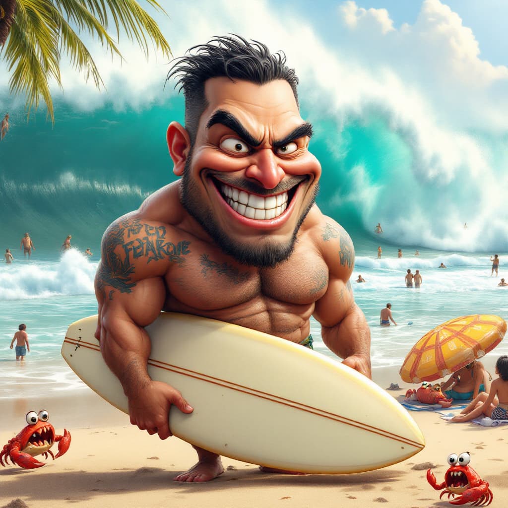AI generated:  a humorous, exaggerated caricature of Jhon Deepi. His face has oversized, intense eyes with one eye...
