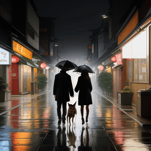AI generated: Autumn in Korea, rainy street, street lamp, two lovers are walking on the street, with two dogs and ...