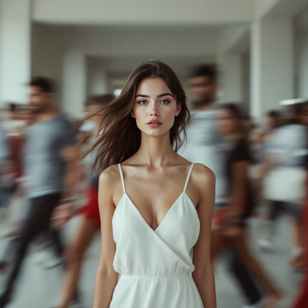 AI generated: editorial photography, front shot, capturing urban hustle with a single focused white woman model, s...