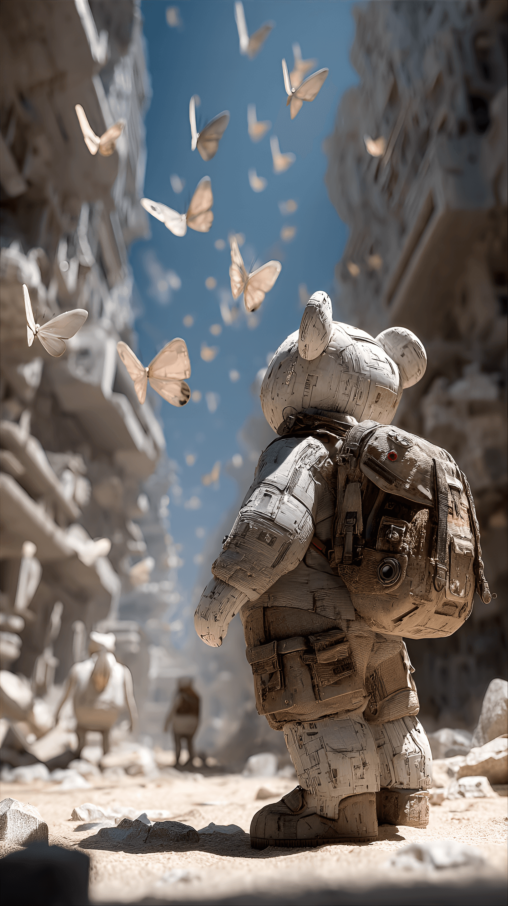 AI generated: kawaii, post-apocalyptic, little bear with a backpack, exploring ruins, adventurous, interacting wit...