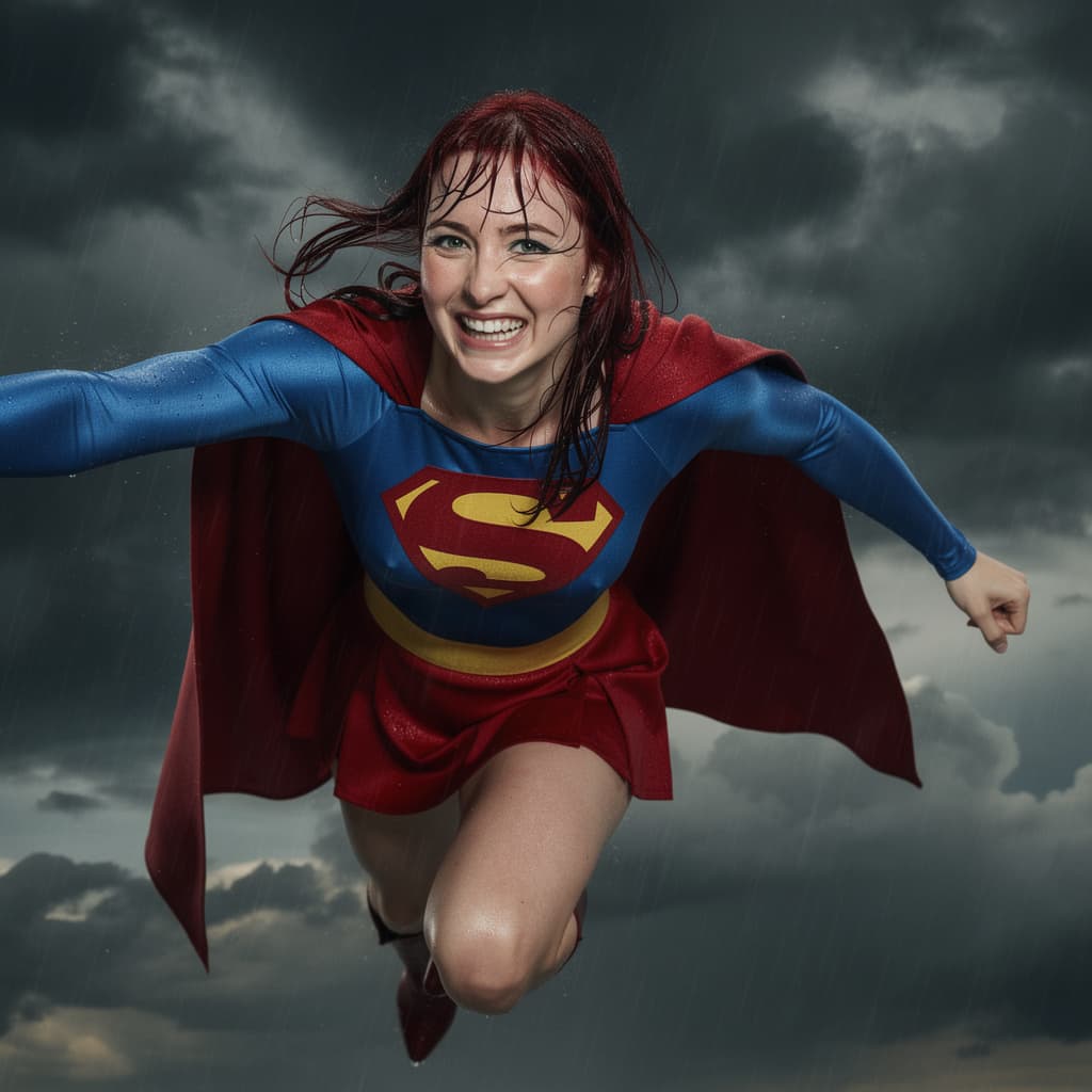 AI generated: Laura lynn flying through heavy rain, realistic lighting and atmosphere, wet hair clinging to her fa...