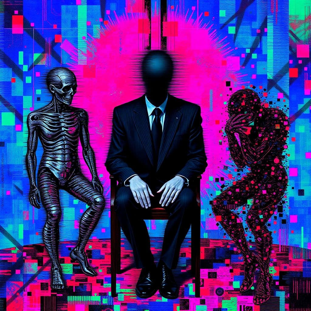 AI generated: A surreal, abstract artwork with a heavy emphasis on glitch aesthetics. Three distorted figures domi...