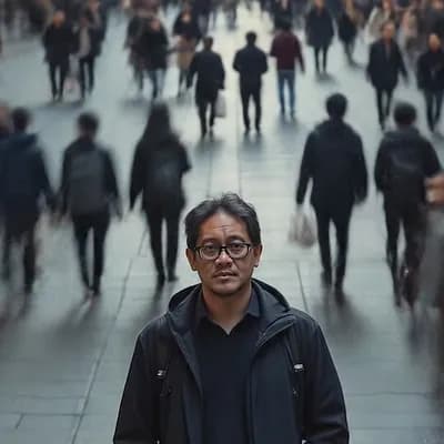 AI generated video: cinematic long exposure night street portrait of a man standing perfectly still facing the camera, h...