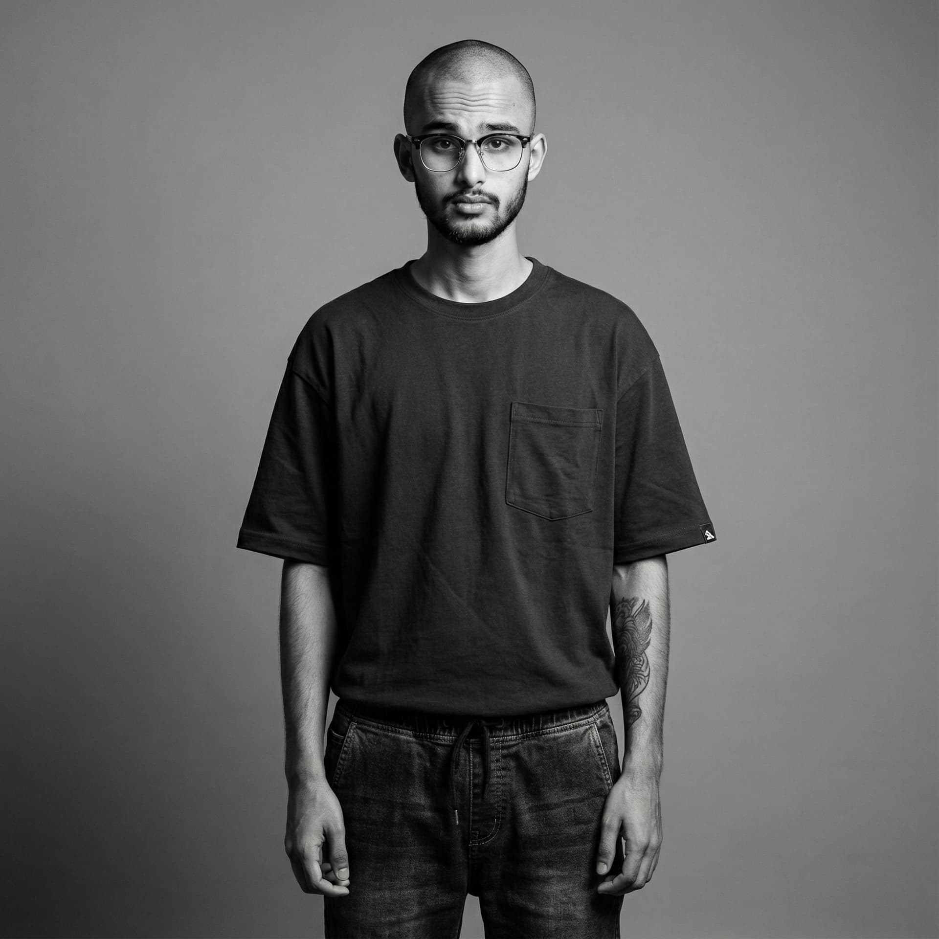 AI generated: photograph, front view, professional model, man, shaved hair and neat beard with horn-rimmed glasses...
