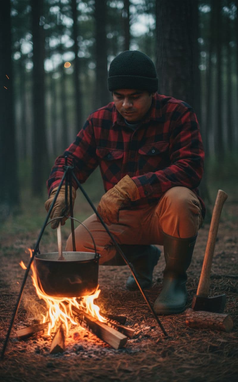 AI generated: (Camping Look):
Subject: A practical late-20s man. Clothing: Heavy flannel shirt (red and black pla...