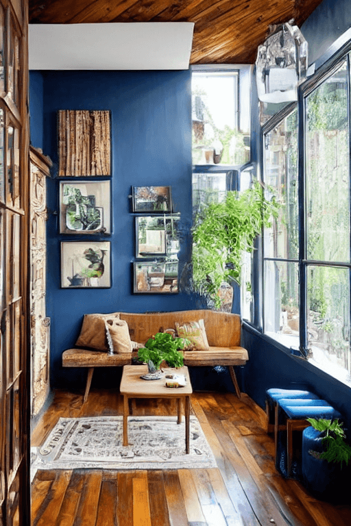 AI generated: high resolution photography interior design, wooden floor, small windows opening onto the garden, ec...
